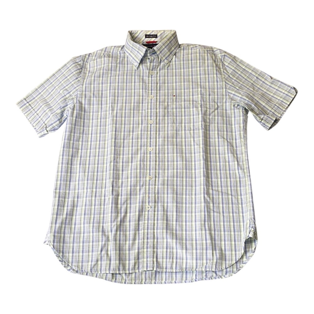 Tommy Hilfiger Short-Sleeve Button-Down Plaid Shirt - Light Blue/White Shirt M